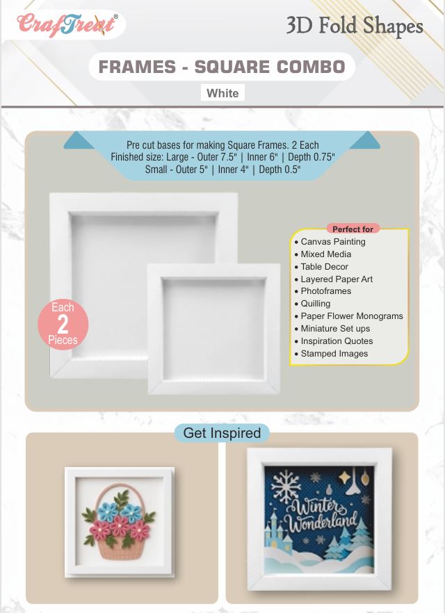 CrafTreat 3D Fold Shapes - Frames White - Square Combo 4pcs