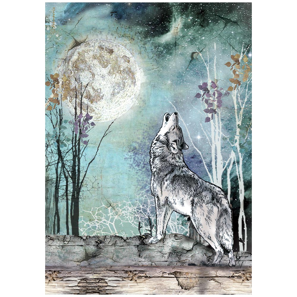 Printed A4 Rice Paper For Art And Craft - Cosmos Wolf And Moon