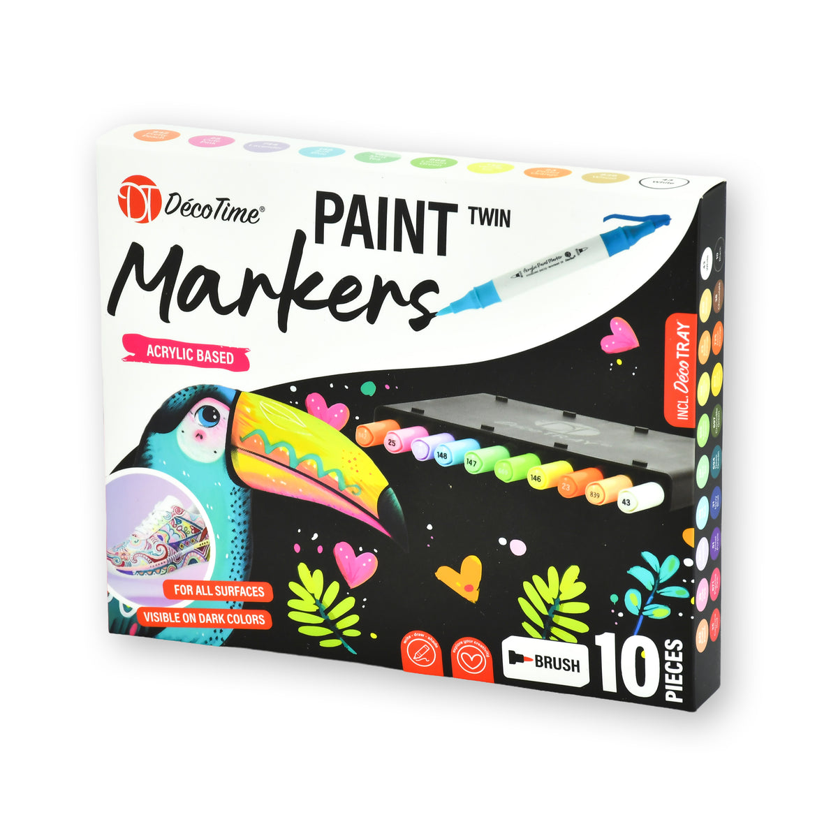 Decotime Acrylic Paint Twin Markers - Duo Tone Colors - Brush Tip - incl. Decotray - 10 Pieces