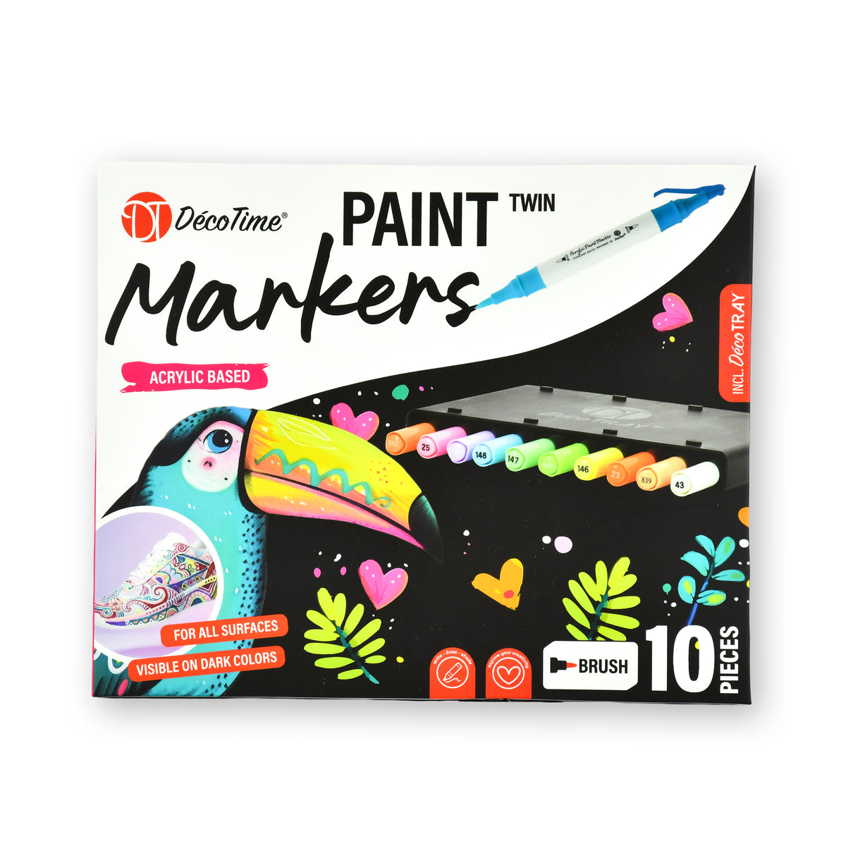 Decotime Acrylic Paint Twin Markers - Duo Tone Colors - Brush Tip - incl. Decotray - 10 Pieces