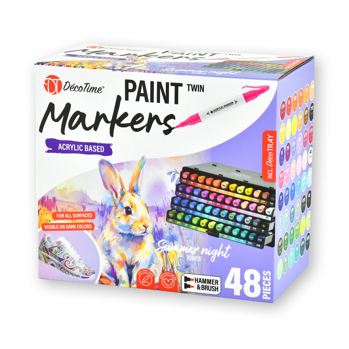 Decotime Acrylic Paint Twin Markers - Summer Night - Hammer & Brush Tip - incl. Decotray - 48 Pieces