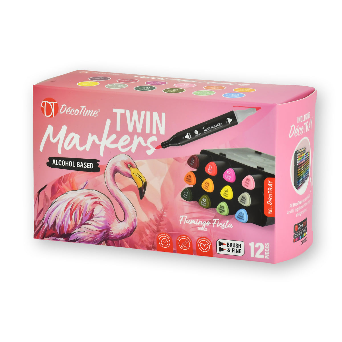 Decotime Alcohol Twin Markers - Flamingo Fiesta Tones - Brush & Fine Tip - incl. Decotray - 12 Pieces