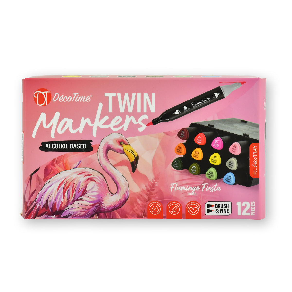 Decotime Alcohol Twin Markers - Flamingo Fiesta Tones - Brush & Fine Tip - incl. Decotray - 12 Pieces