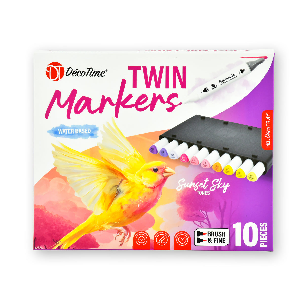 Decotime Aqua Twin Markers - Sunset Sky Tones - Brush & Fine Tip - incl. Decotray - 10 Pieces