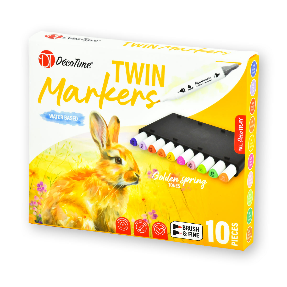 Decotime Aqua Twin Markers - Golden Spring Tones - Brush & Fine Tip - incl. Decotray - 10 Pieces