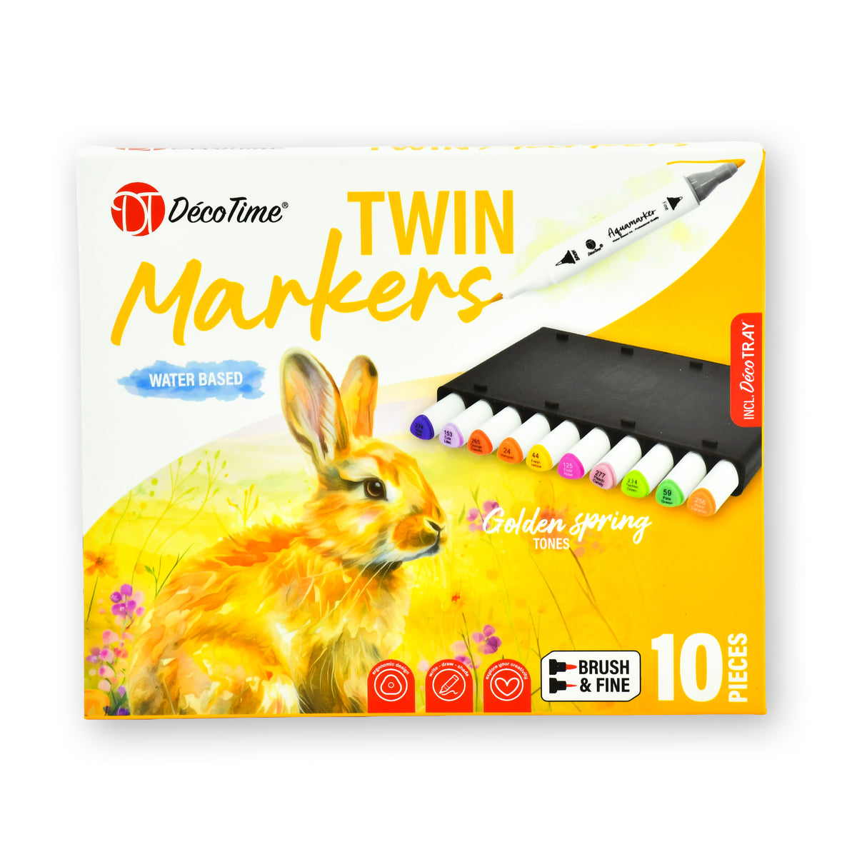 Decotime Aqua Twin Markers - Golden Spring Tones - Brush & Fine Tip - incl. Decotray - 10 Pieces