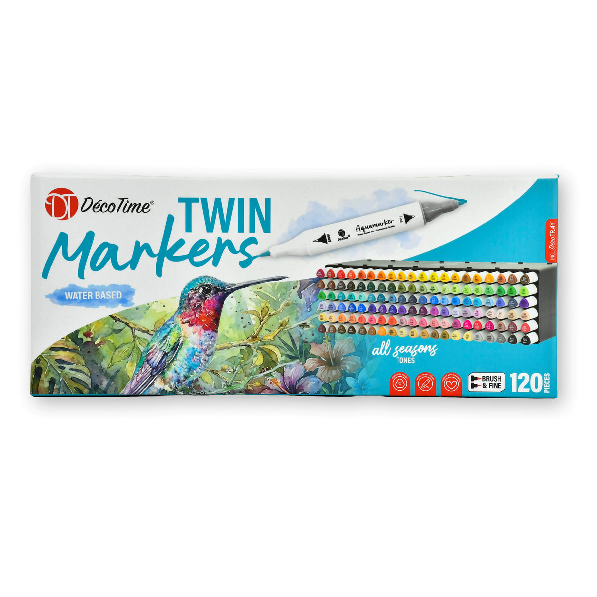 Decotime Aqua Twin Markers - All Seasons - Brush & Fine Tip - incl. Decotray - 120 Pieces