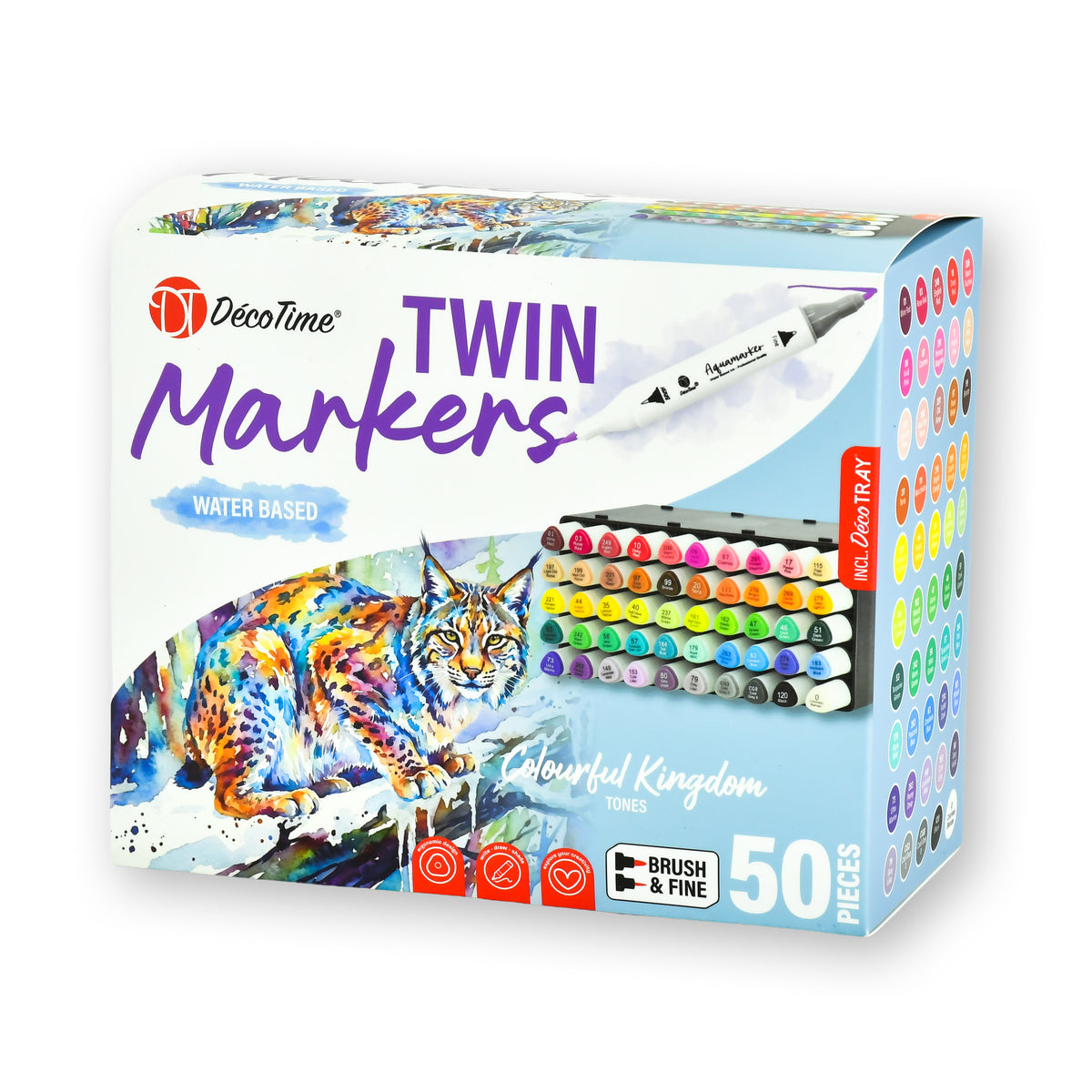 Decotime Aqua Twin Markers - Colourful Kingdom - Brush & Fine Tip - incl. Decotray - 50 Pieces