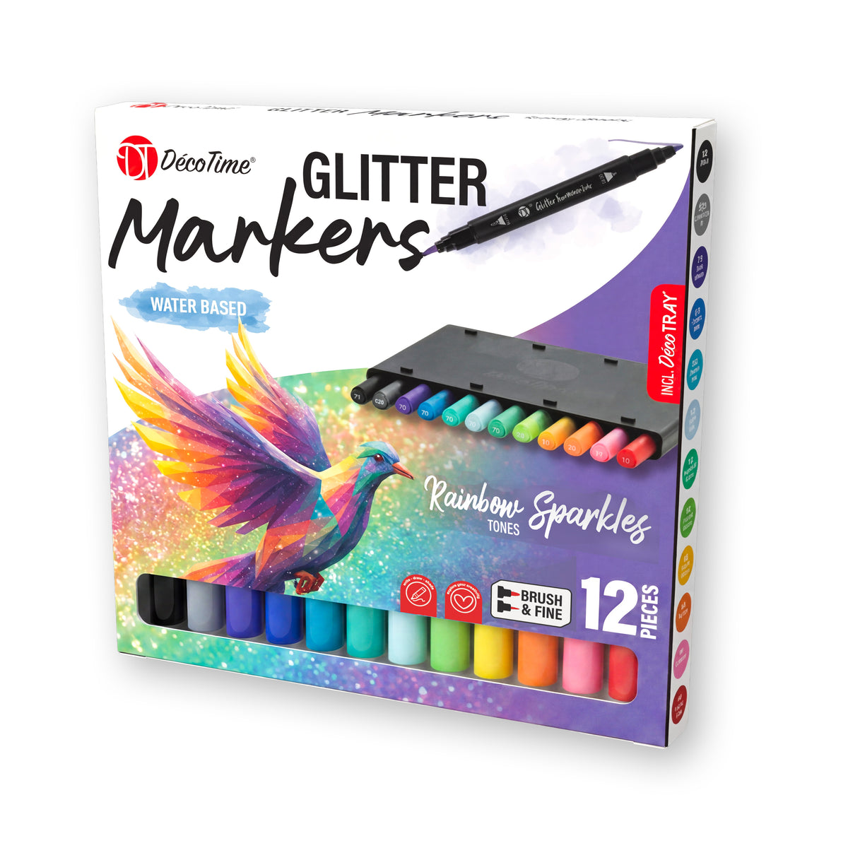 Decotime Aqua Glitter Markers - Rainbow Sparkles - Brush & Fine Tip - incl. Decotray - 12 Pieces