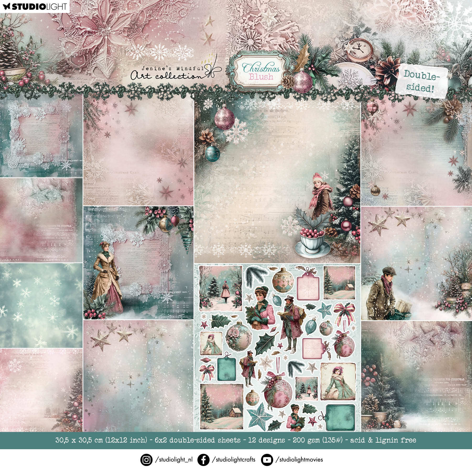 JMA Designer Paper Pad Double-Sided Scrapbooking Christmas Blush 12 Sheets
