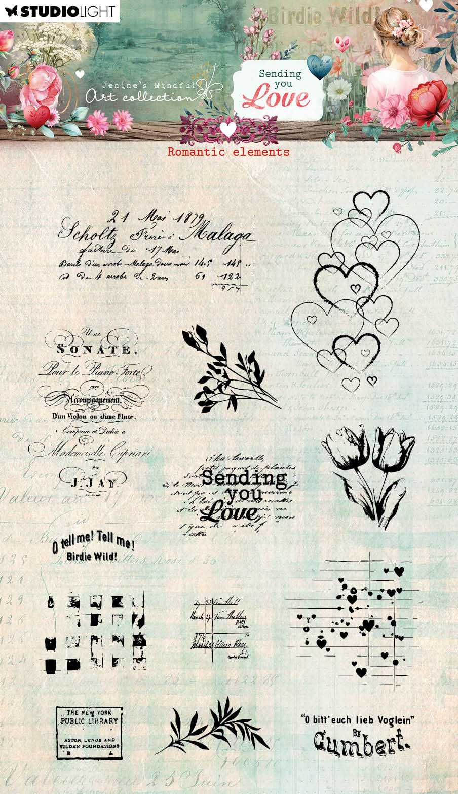 JMA Clear Stamps Romantic Elements Sending You Love 13 PC