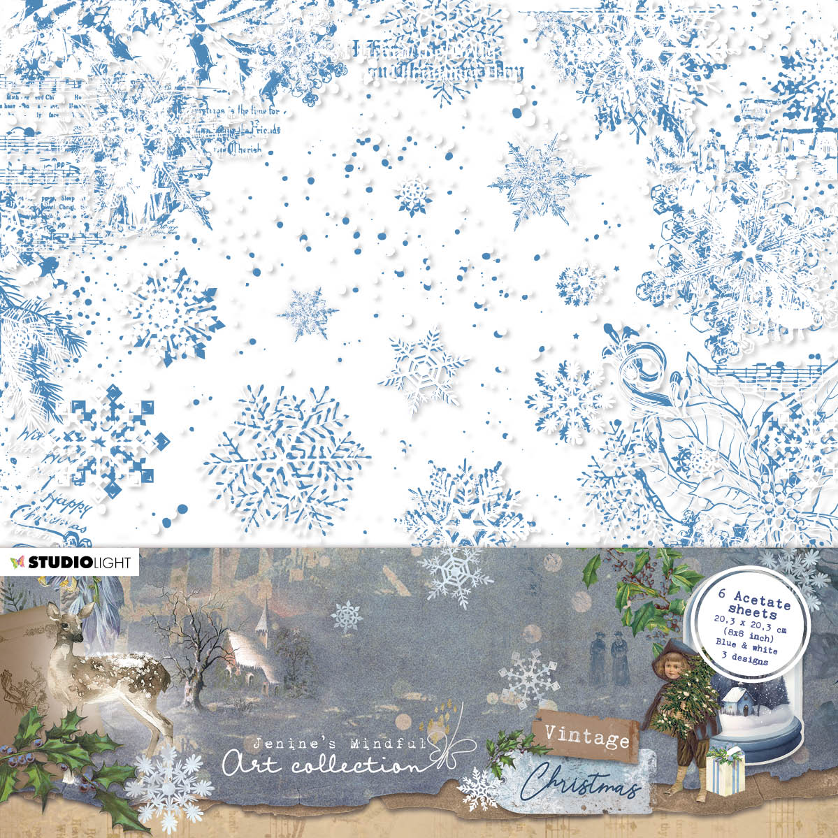 JMA Acetate Sheets White & Blue Vintage Christmas 203x203x2mm 6 SH nr.04