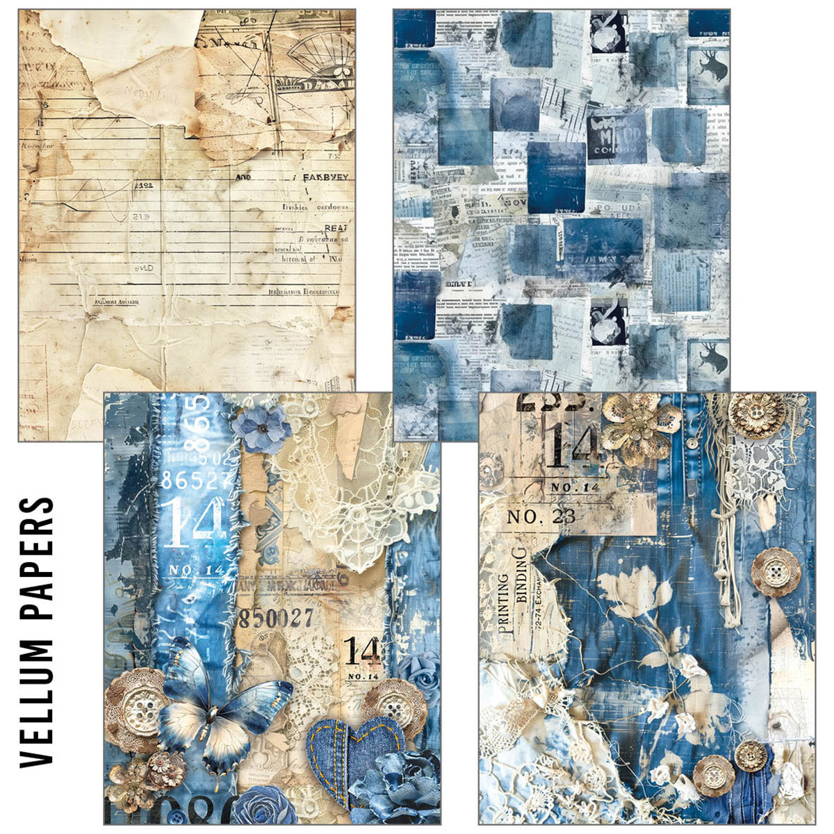 Craftmix Urban Blue Denim Mixed A5 Paper Pack - 8 Sheets (Tissue & Vellum Variety)