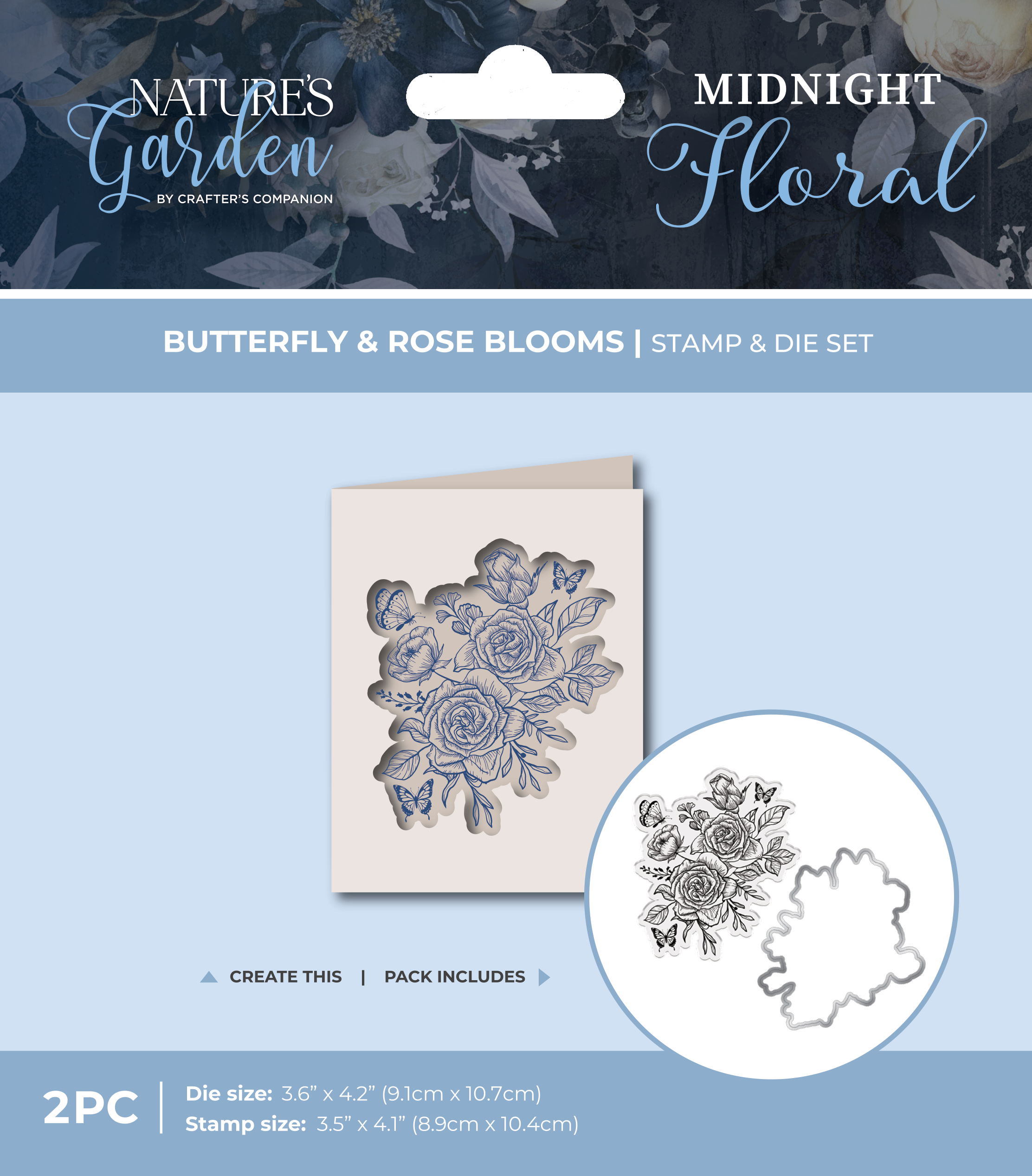 Nature's Garden - Midnight Floral Stamp & Die - Butterfly & Rose Blooms