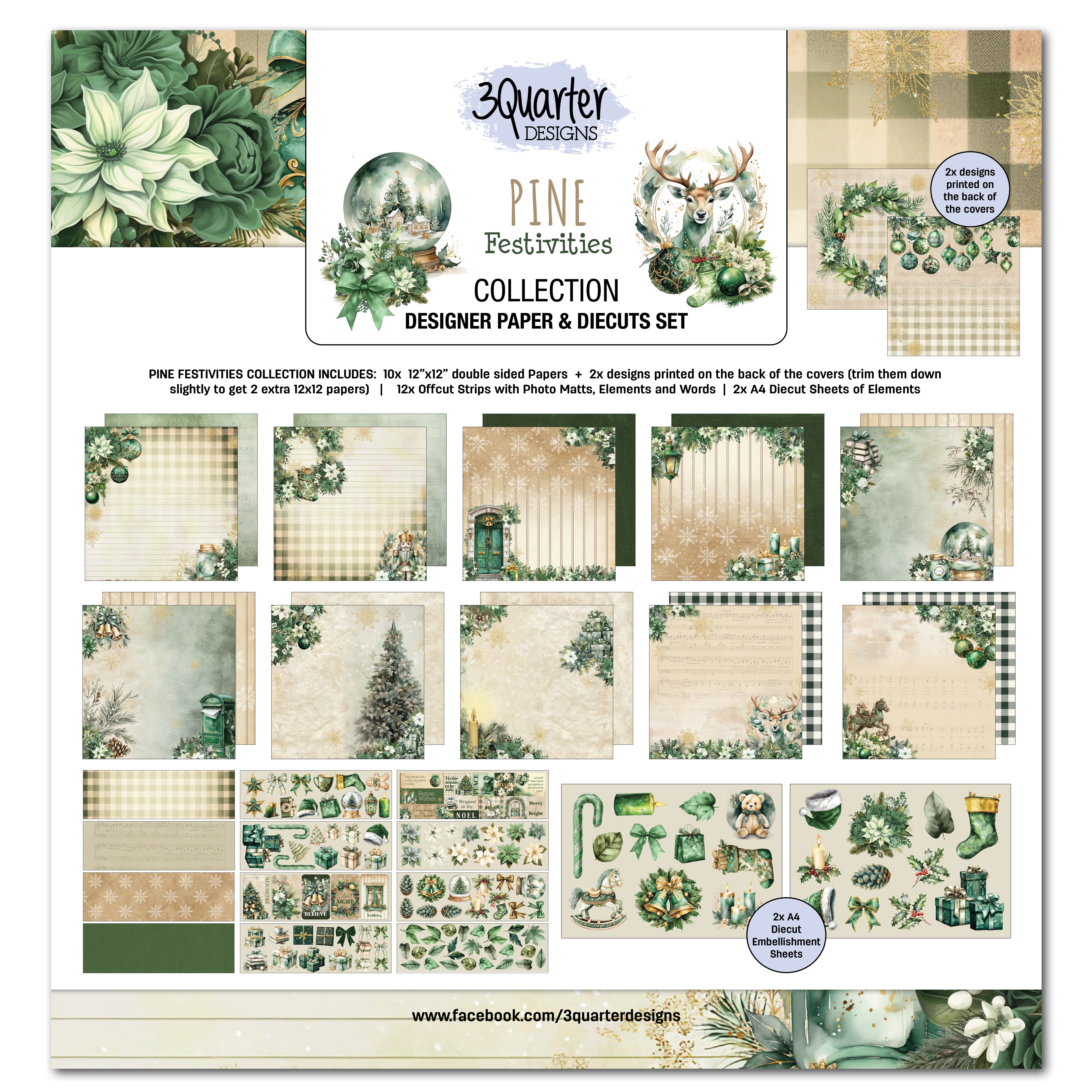 3Quarter Designs Pine Festivities 12x12 Designer Paper & Diecuts Set