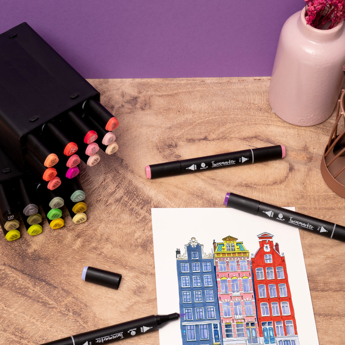 Decotime Alcohol Twin Markers - Flamingo Fiesta Tones - Brush & Fine Tip - incl. Decotray - 12 Pieces