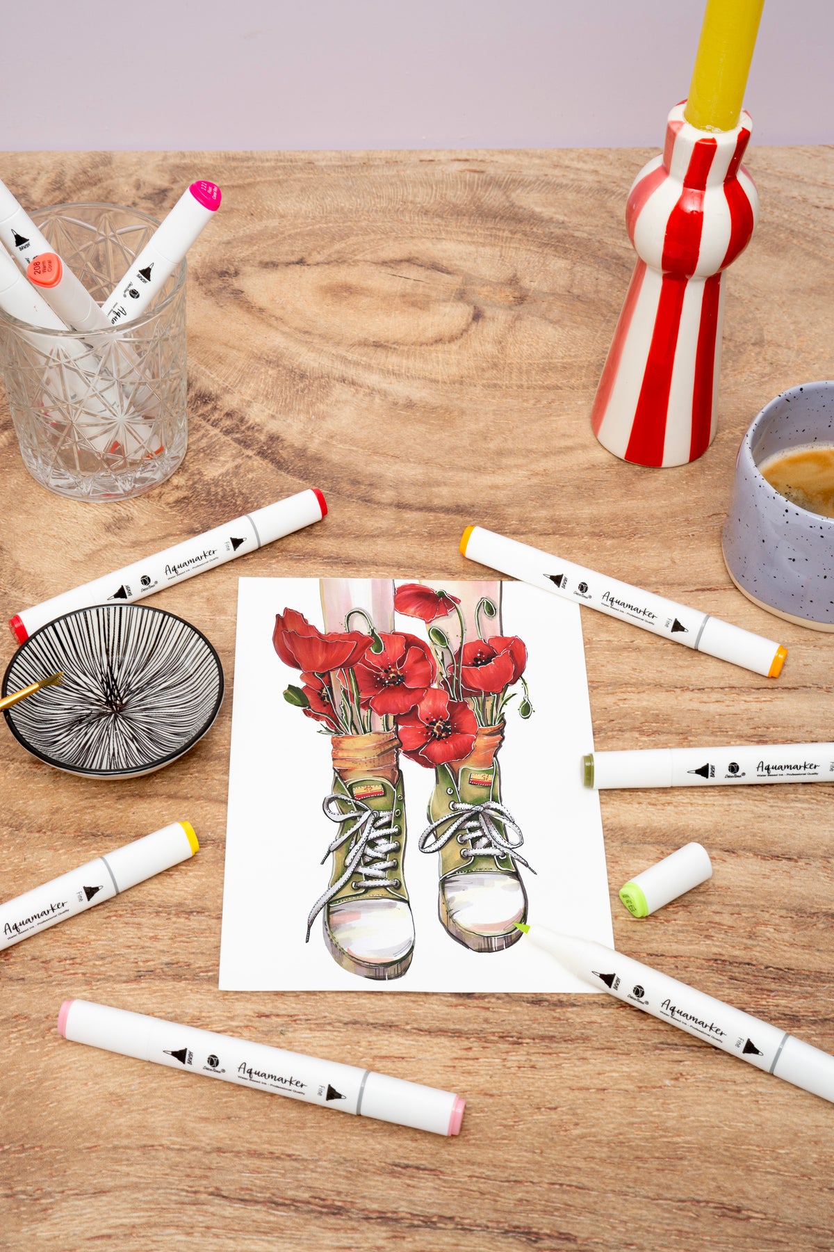 Decotime Aqua Twin Markers - Crimson Tides Tones - Brush & Fine Tip - incl. Decotray - 10 Pieces