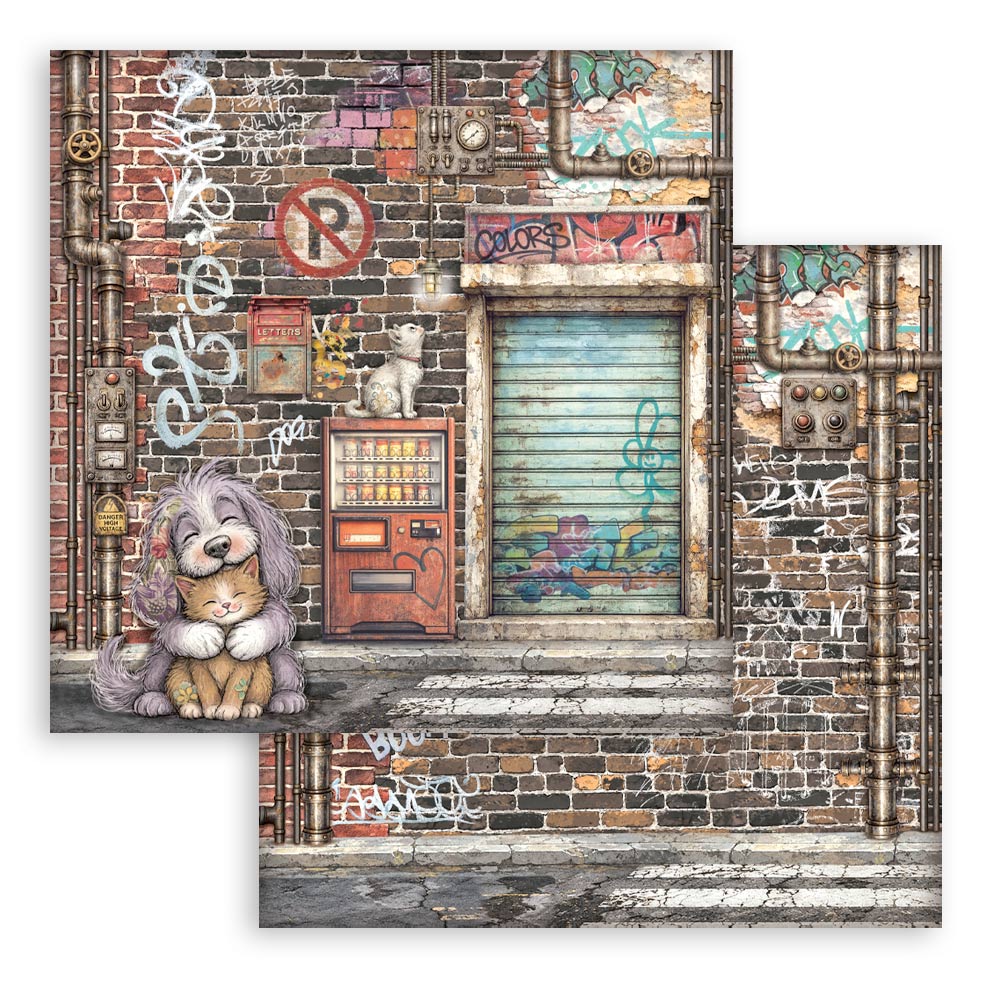 12”x12” (30.5cmx30.5cm) Double Sided Printed Sheet – Furry Friends 2 Street Art Dog And Cat