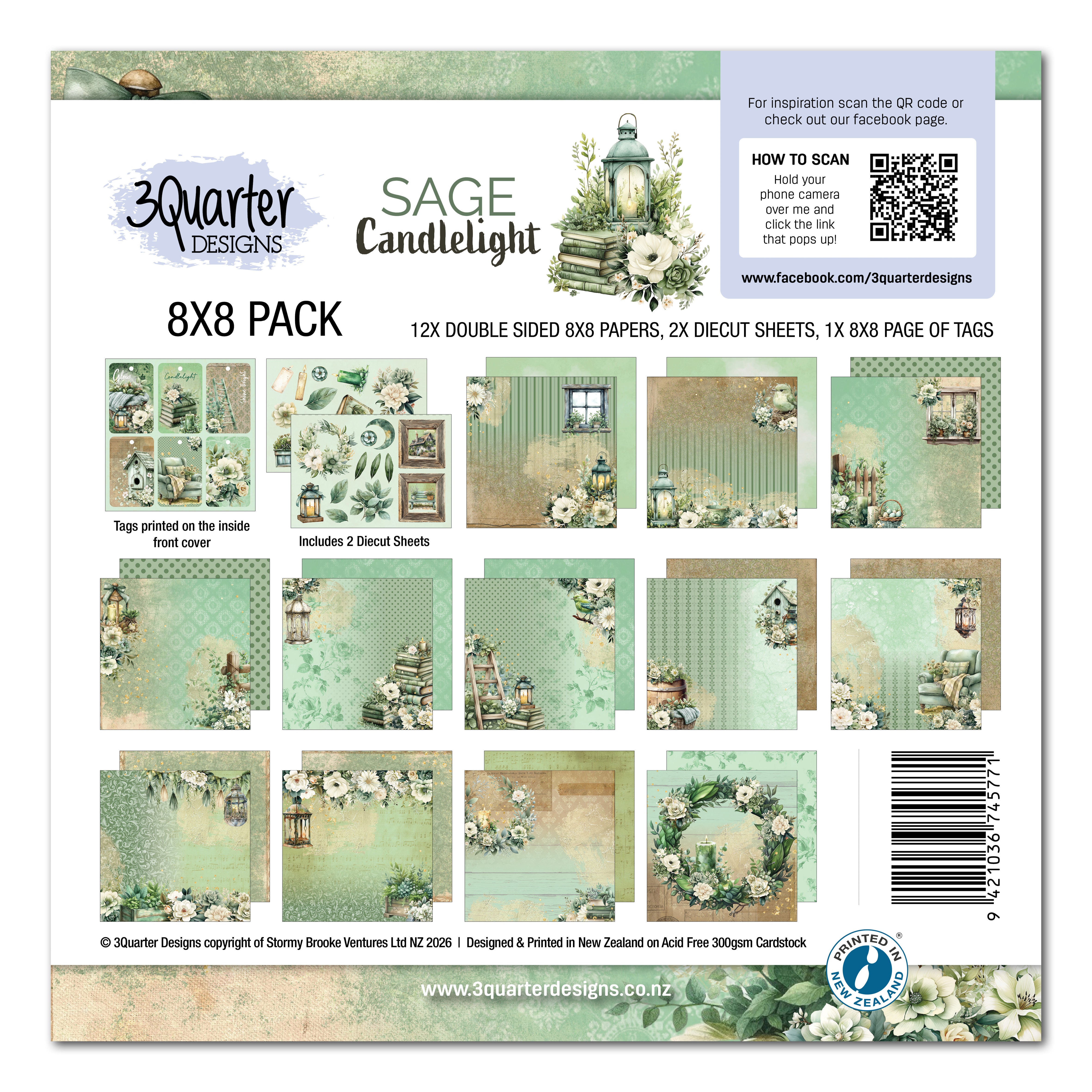 3Quarter Designs Sage Candle 8x8 Paper Pack & DieCuts Set