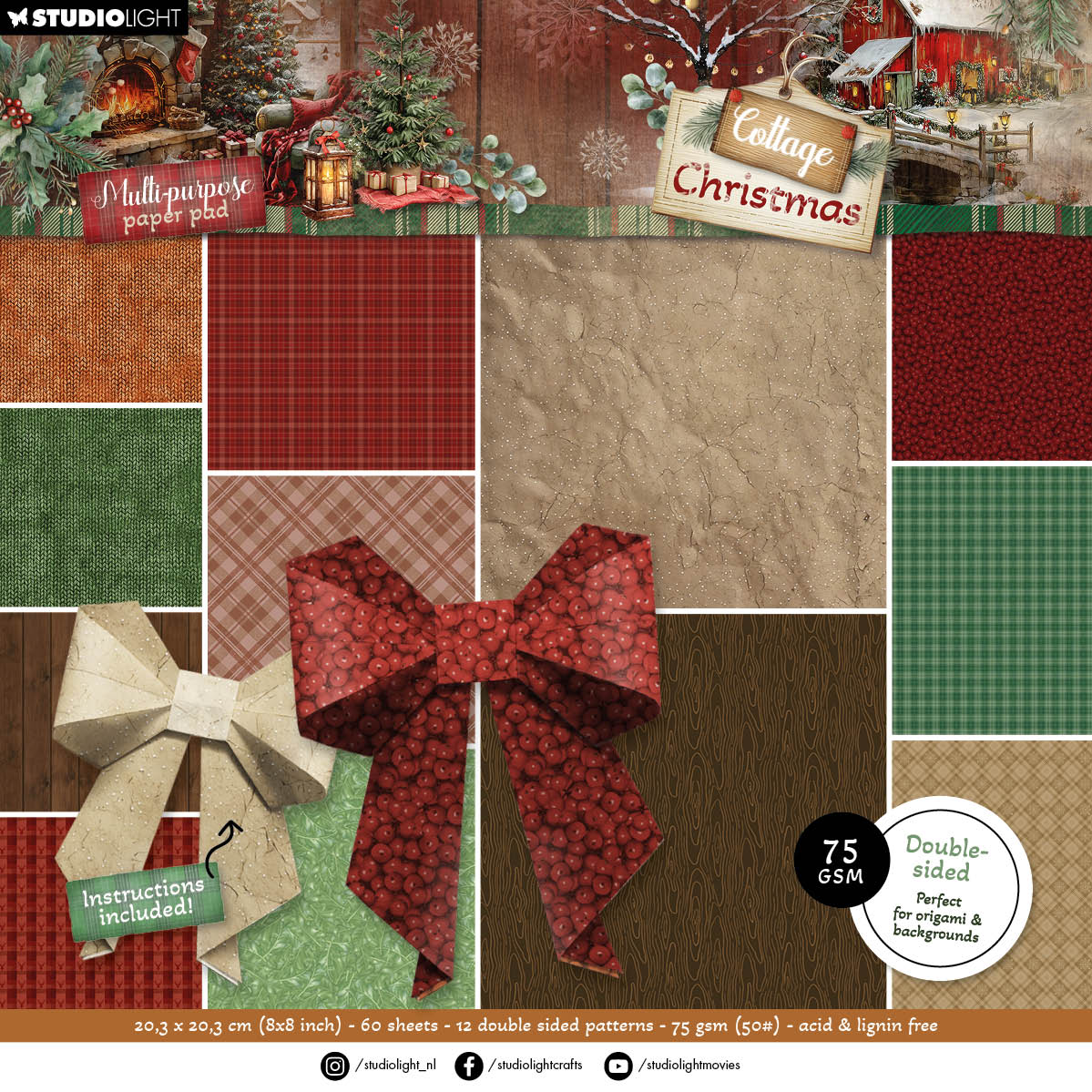 SL Multi-Purpose Paper Pad Origami & Backgrounds Cottage Christmas 60 Sheets
