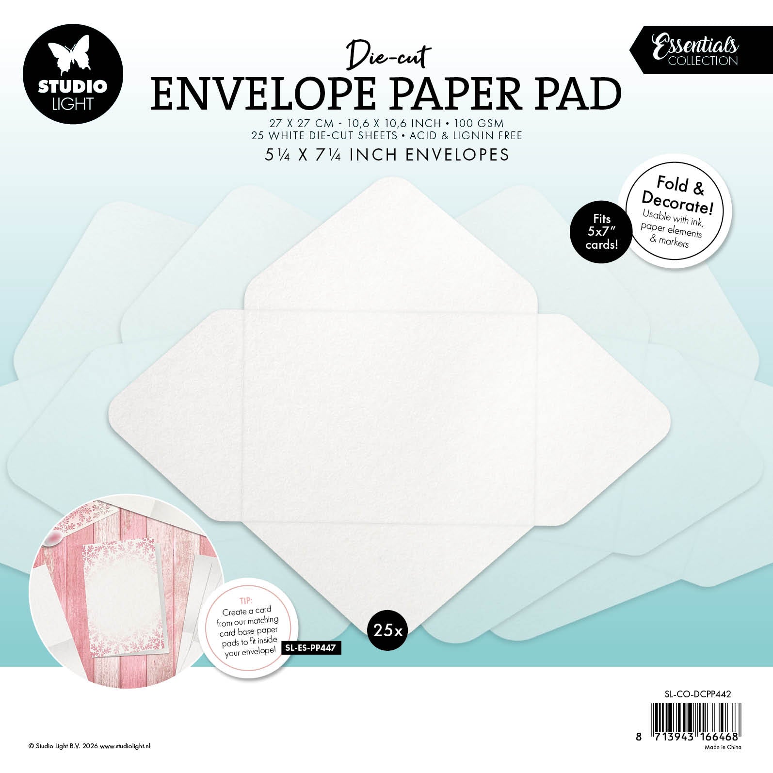 SL Die-Cut Paper Pad 5.25x7.25" Envelopes for 5x7" Cards Essentials 25 Sheets