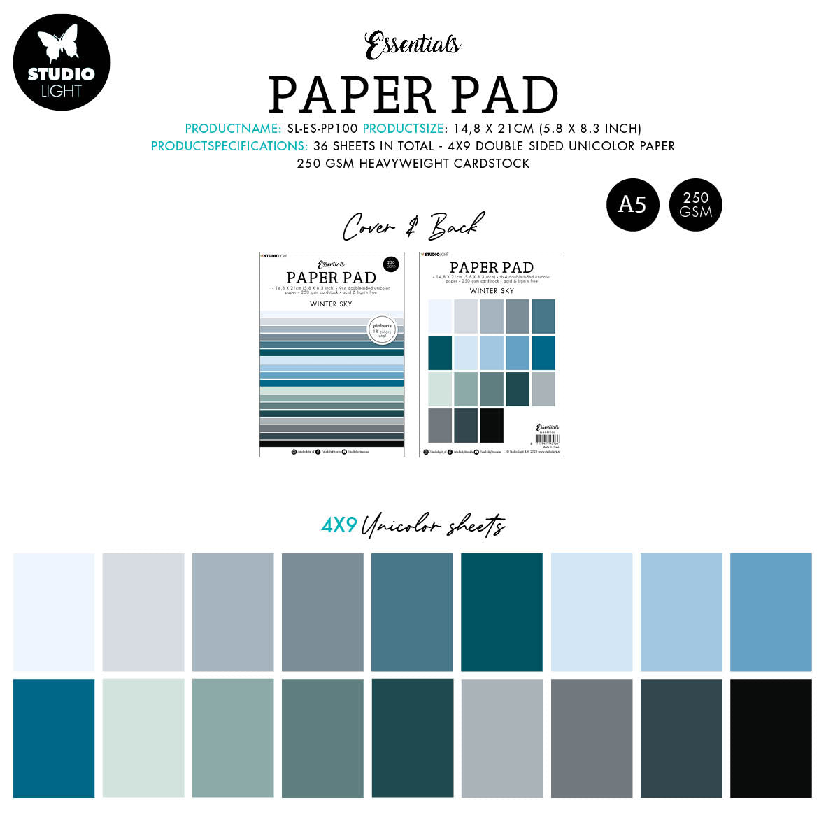 SL Paper Pad Unicolor Paper Winter Sky Essentials 210x148x9mm 9 PC nr.100