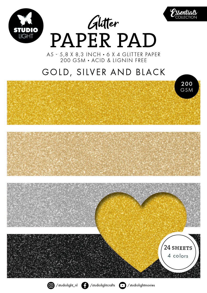 SL Glitter Paper Pad Gold, Silver And Black Essentials 24 SH