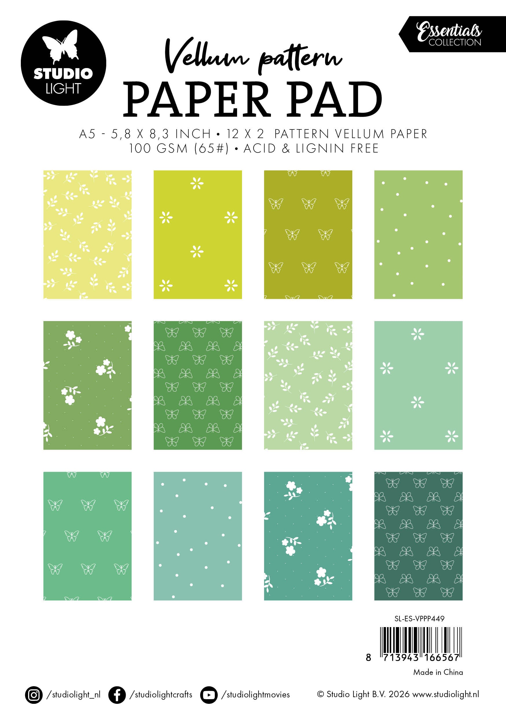 SL Vellum Paper Pad Spring Green Print Essentials 24 Sheets