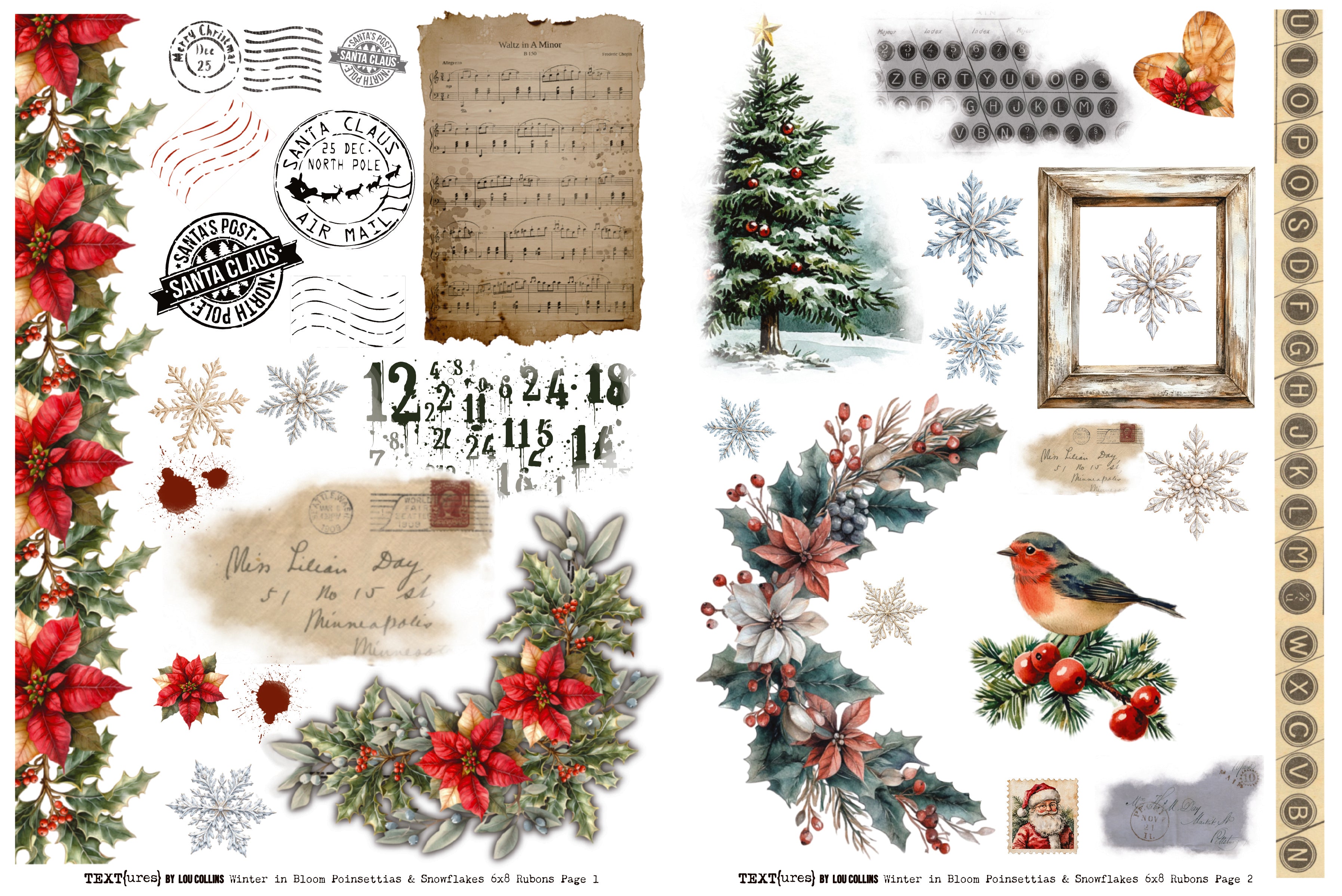 TEXT{ures} Winter in Bloom Poinsettias & Snowflakes 6in x 8in Rub-On Transfer Set