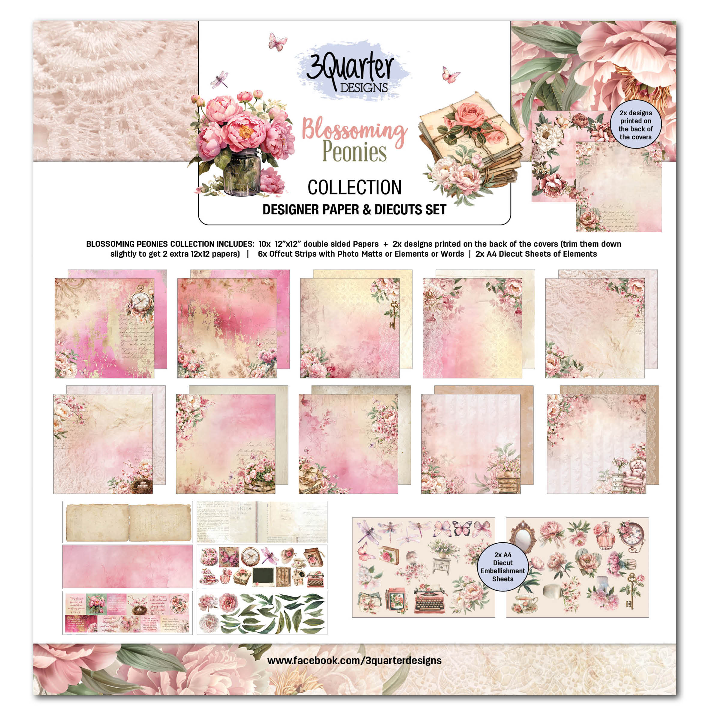 3Quarter Designs Blossoming Peonies 12x12 Design Paper & Diecuts Set