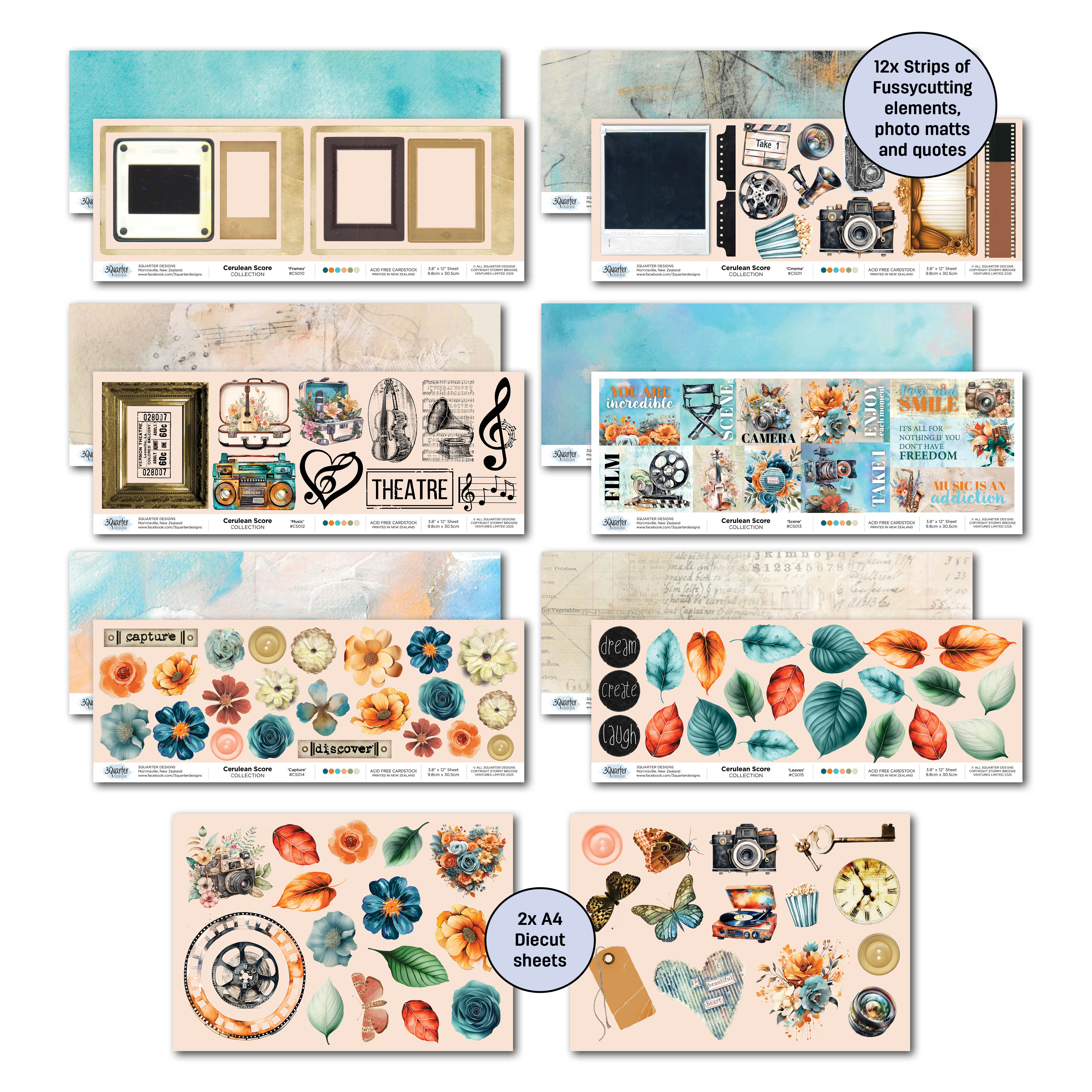3Quarter Designs Cerulean Score 12x12 Design Paper & Diecuts Set