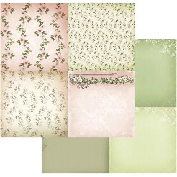 12x12 Patterned Paper (8 Designs) - Pink & Green Roses - Vintage Rose Collection