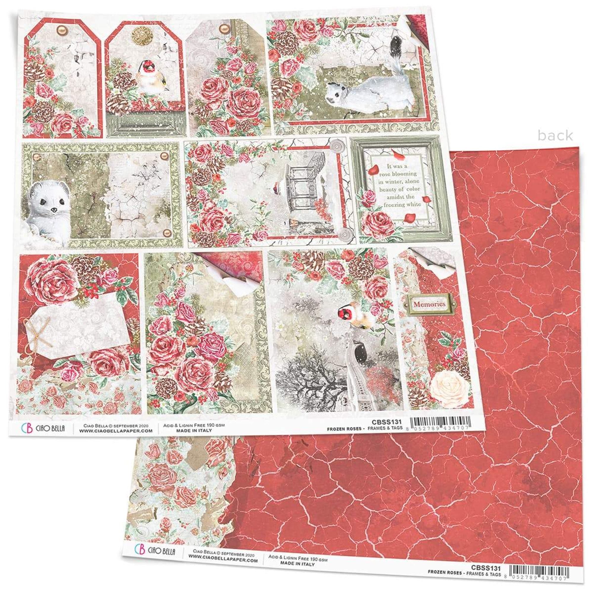 Ciao Bella Frozen Roses Frames & Tags Paper Sheet 12"x12" 1 Sheet