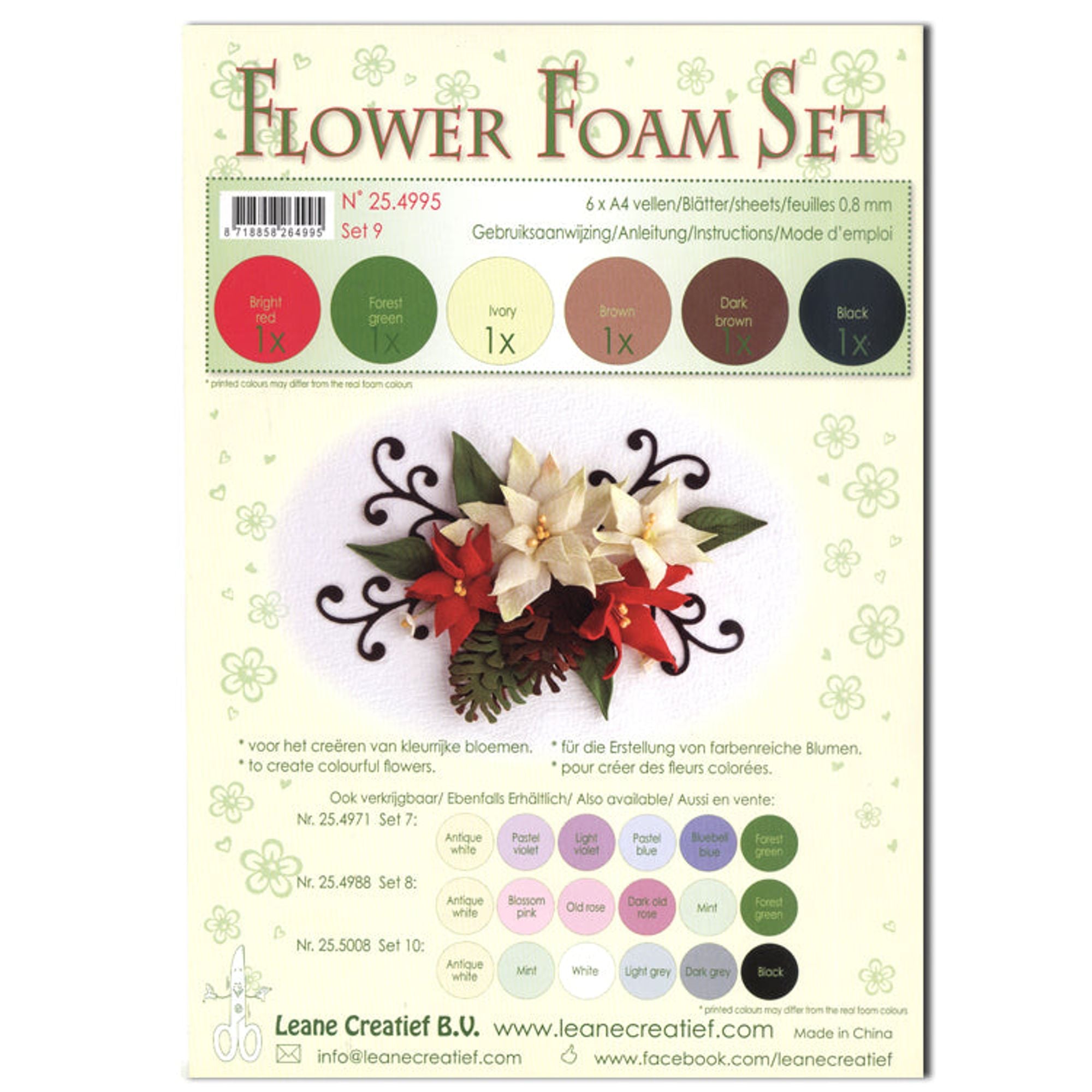 Flower Foam Set 9 6 A4 Sheets - Red/Green/Ivory