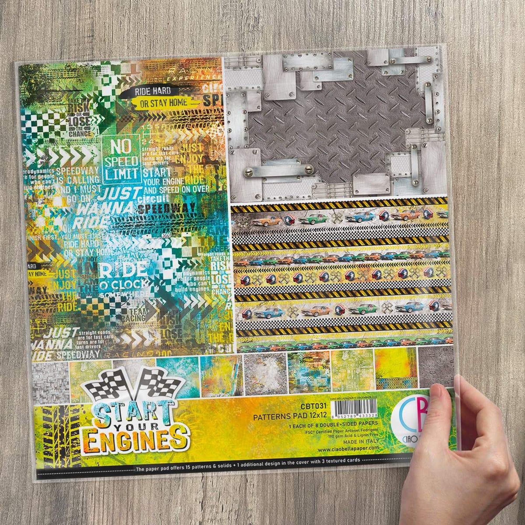 Ciao Bella Start Your Engines Patterns Pad 12"x12" 8/Pkg