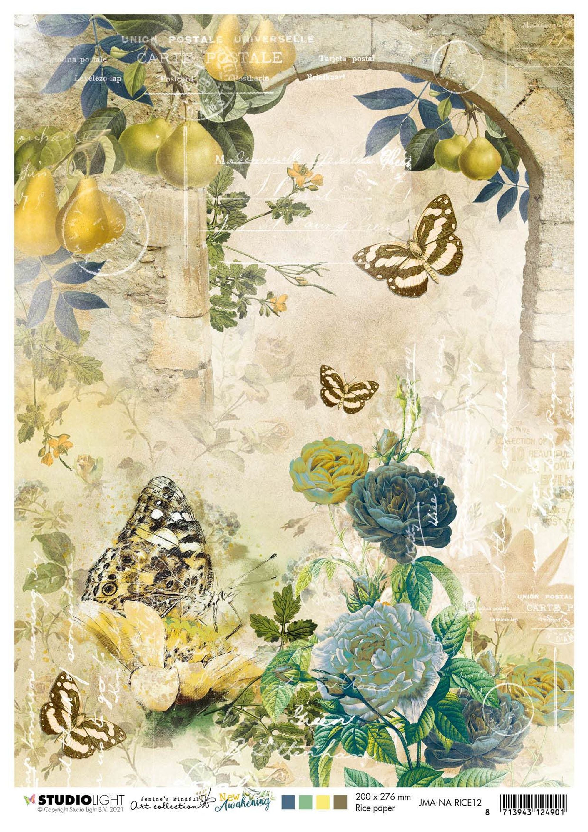 JMA Rice Paper Arch W. Roses & Butterflies New Awakening210X297mm nr.12
