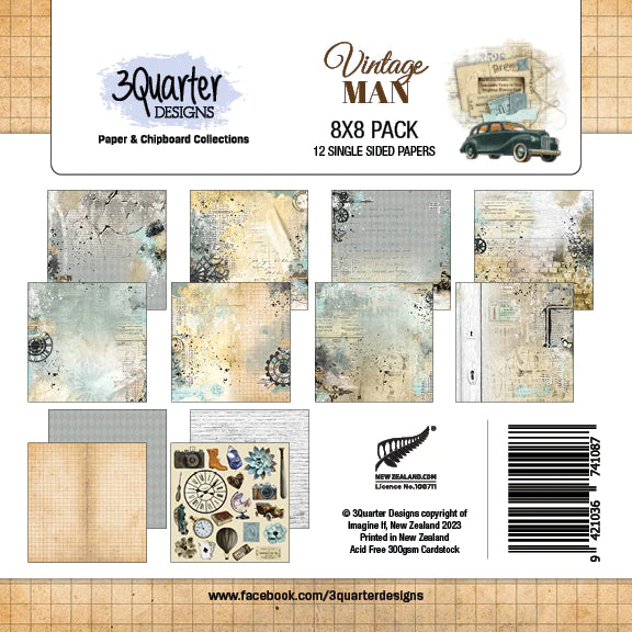 3Quarter Designs - 8" X 8" Paper Pack - Vintage Man
