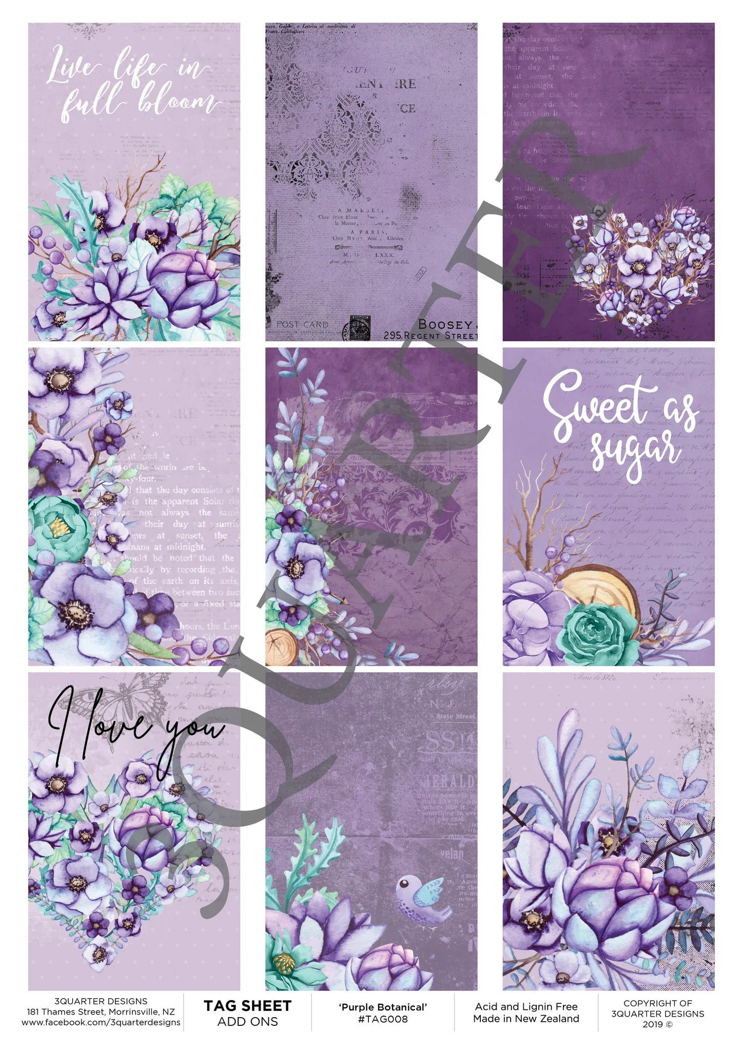 3Quarter Designs - Tag Sheet - Purple Botanical