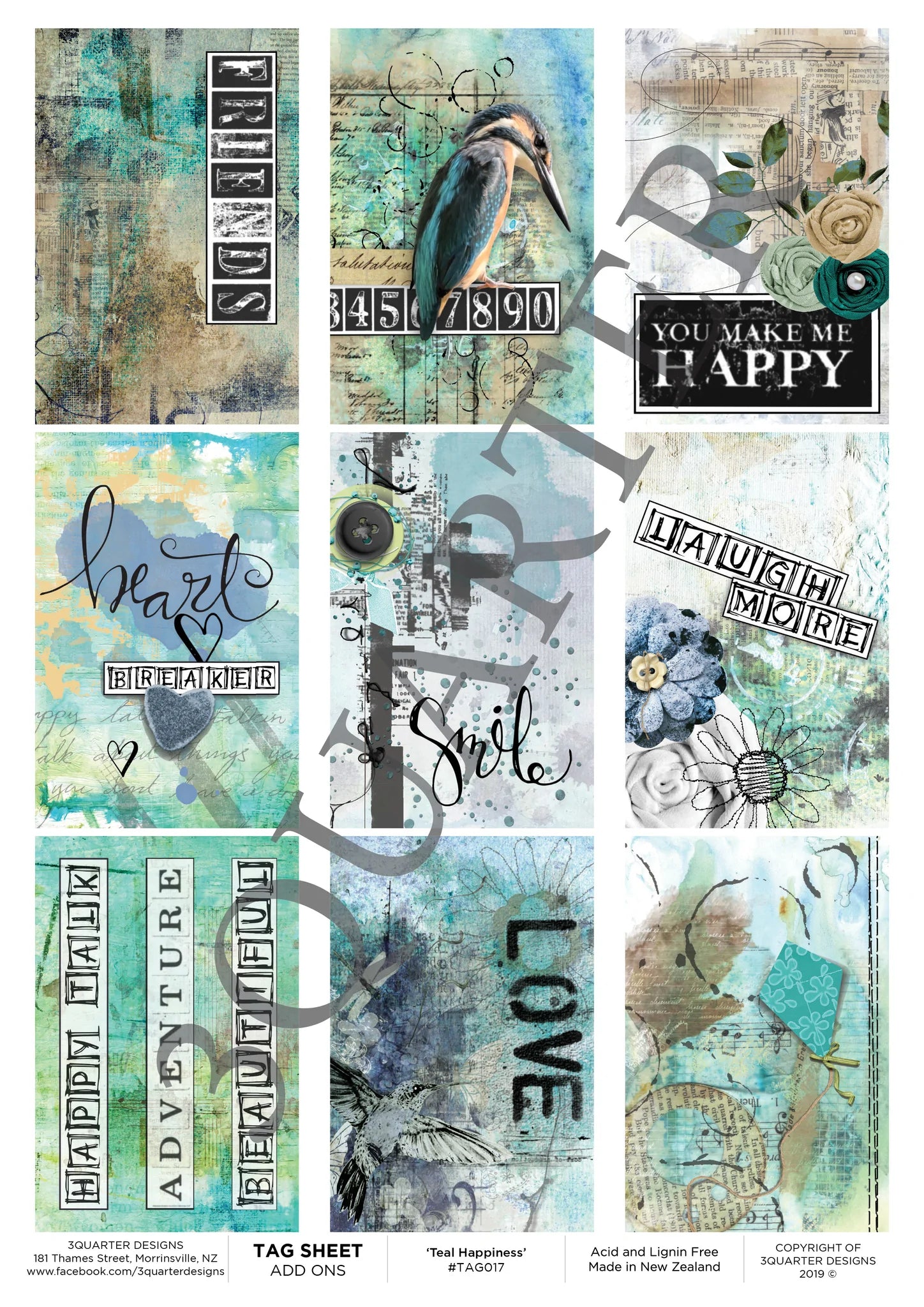 3Quarter Designs - Tag Sheet - Teal Happiness