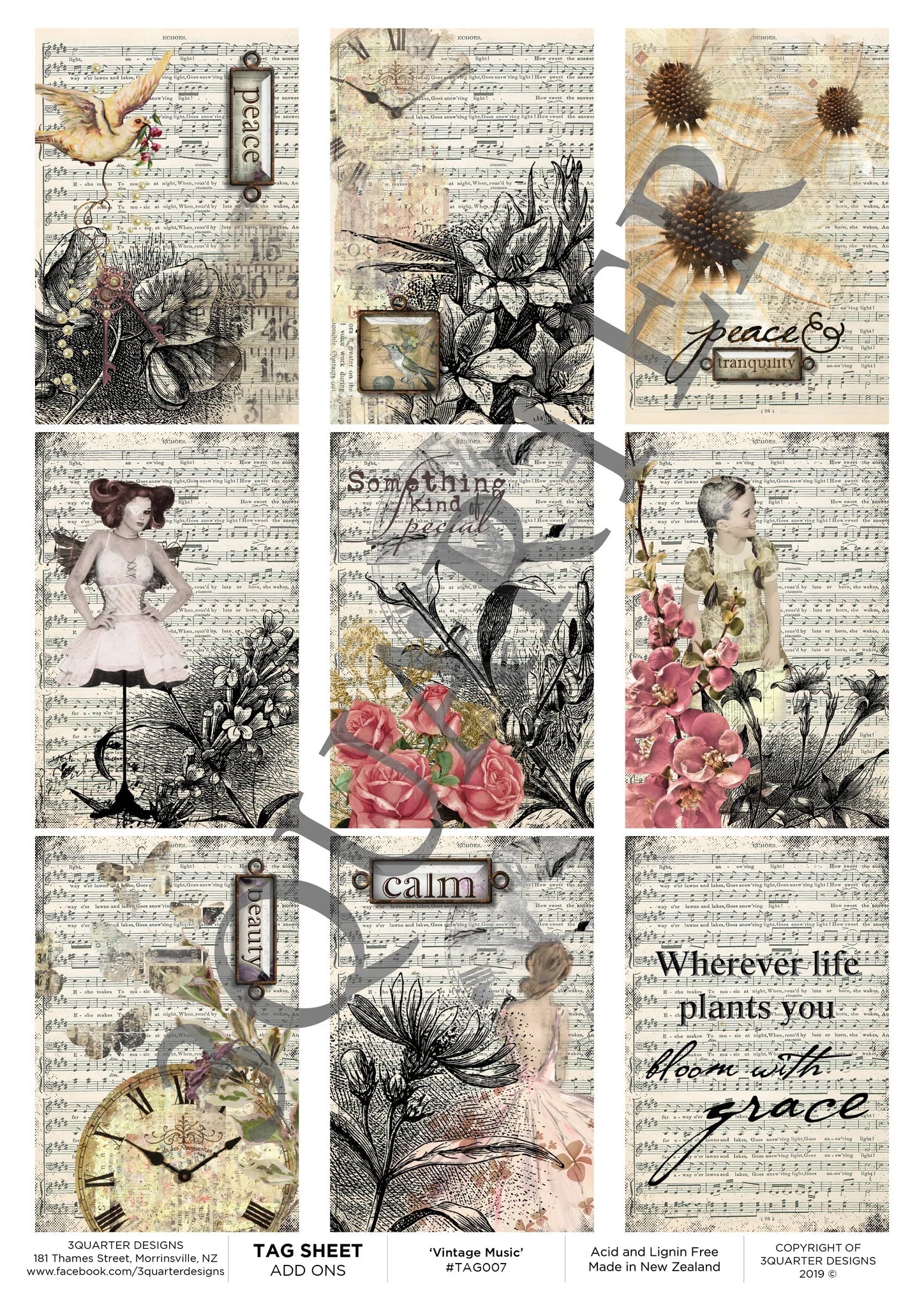 3Quarter Designs -Tag Sheet - Vintage Music