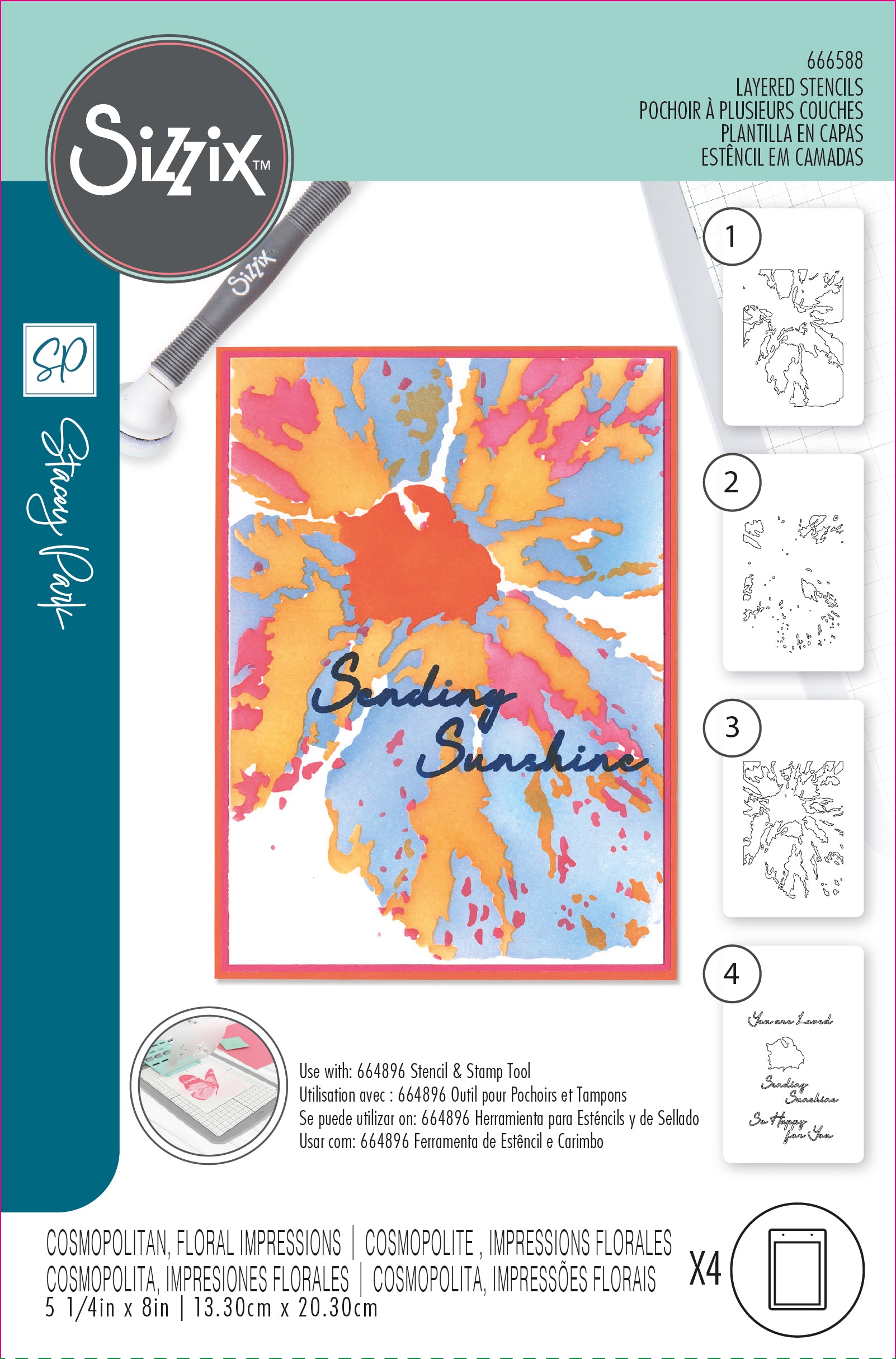 Sizzix A6 Layered Stencils 4PK Cosmopolitan, Floral Impressions by Stacey Park