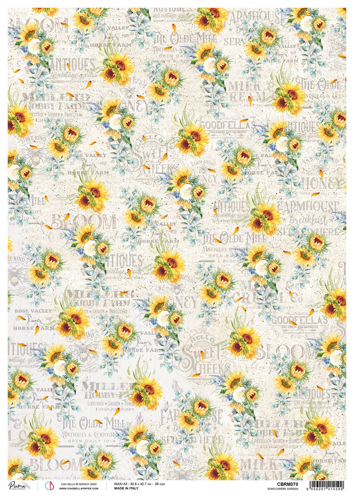 Ciao Bella Rice Paper A3 Piuma Sunflowers Garden - 3 Sheets