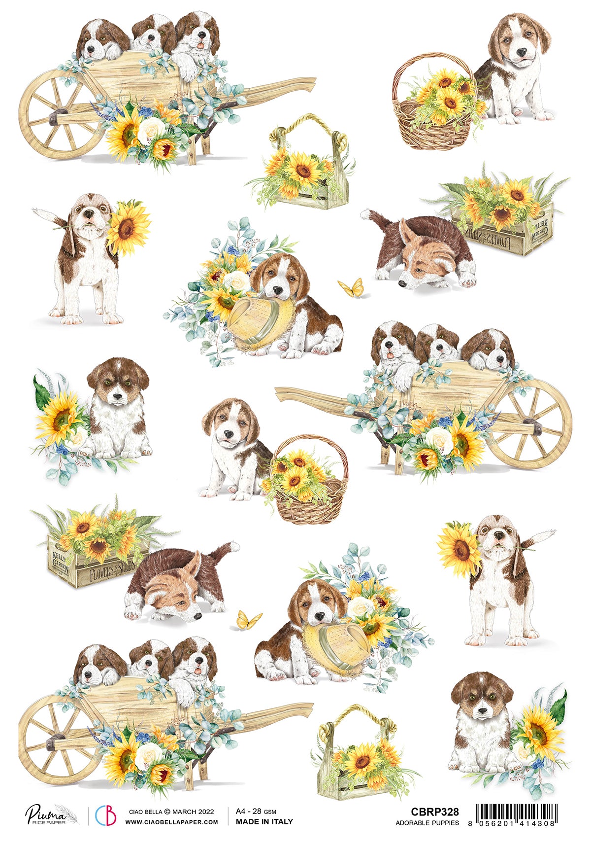 Ciao Bella Rice Paper A4 Piuma Adorable Puppies - 5 Sheets