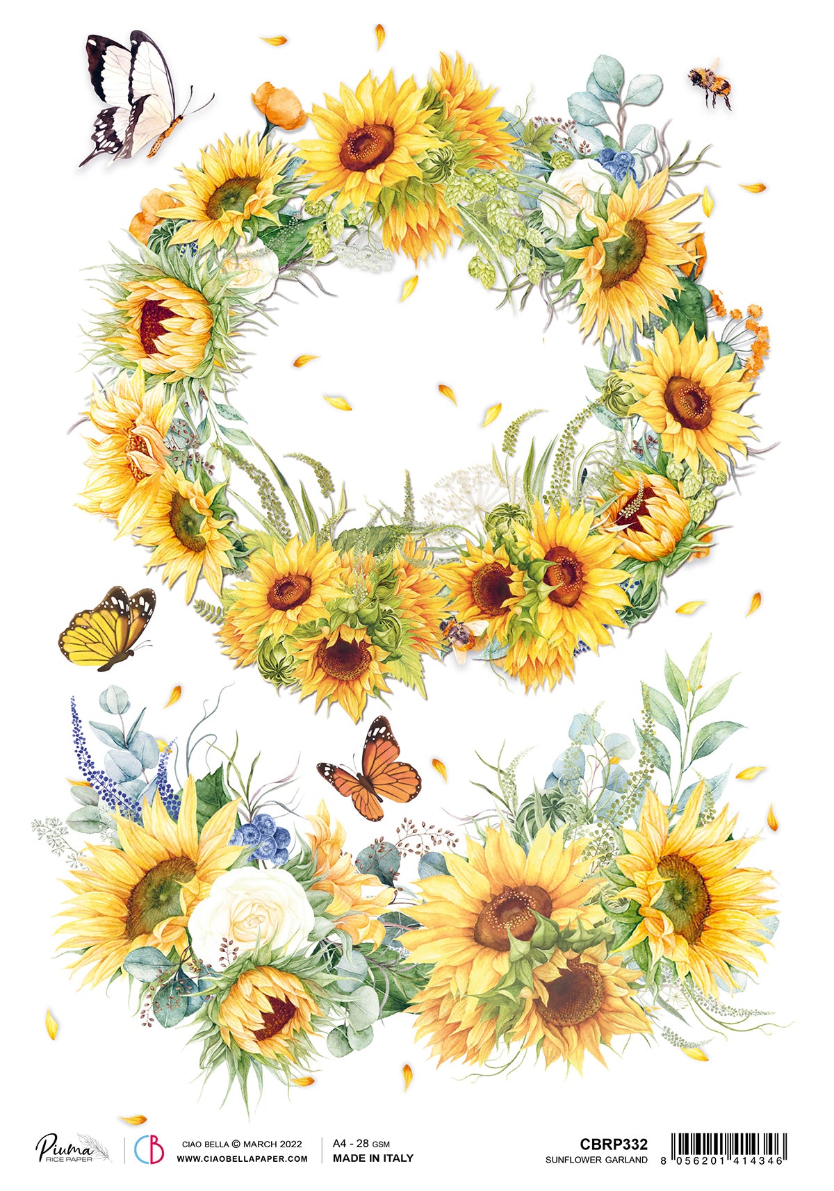 Ciao Bella Rice Paper A4 Piuma Sunflowers Garland - 5 Sheets