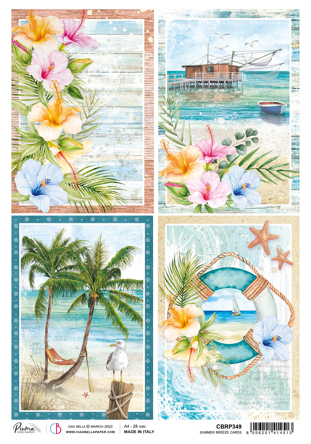 Ciao Bella Rice Paper A4 Piuma Summer Breeze Cards - 5 Sheets