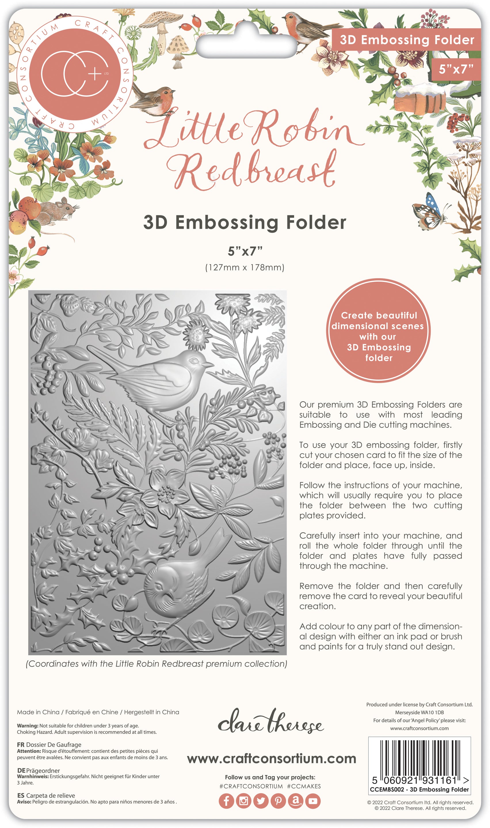Craft Consortium Little Robin Redbreast - 3D Embossing Folder