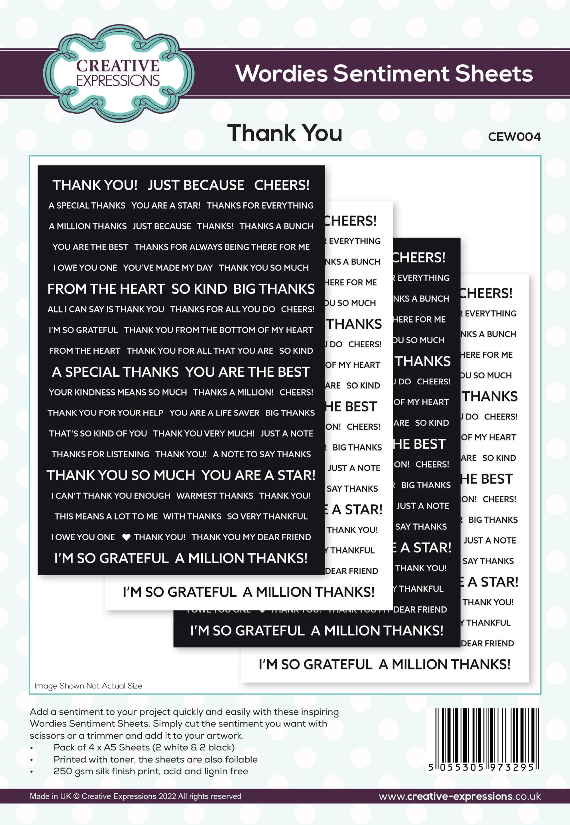 Creative Expressions Wordies Thank You Sentiment Sheets Pk 4 A5