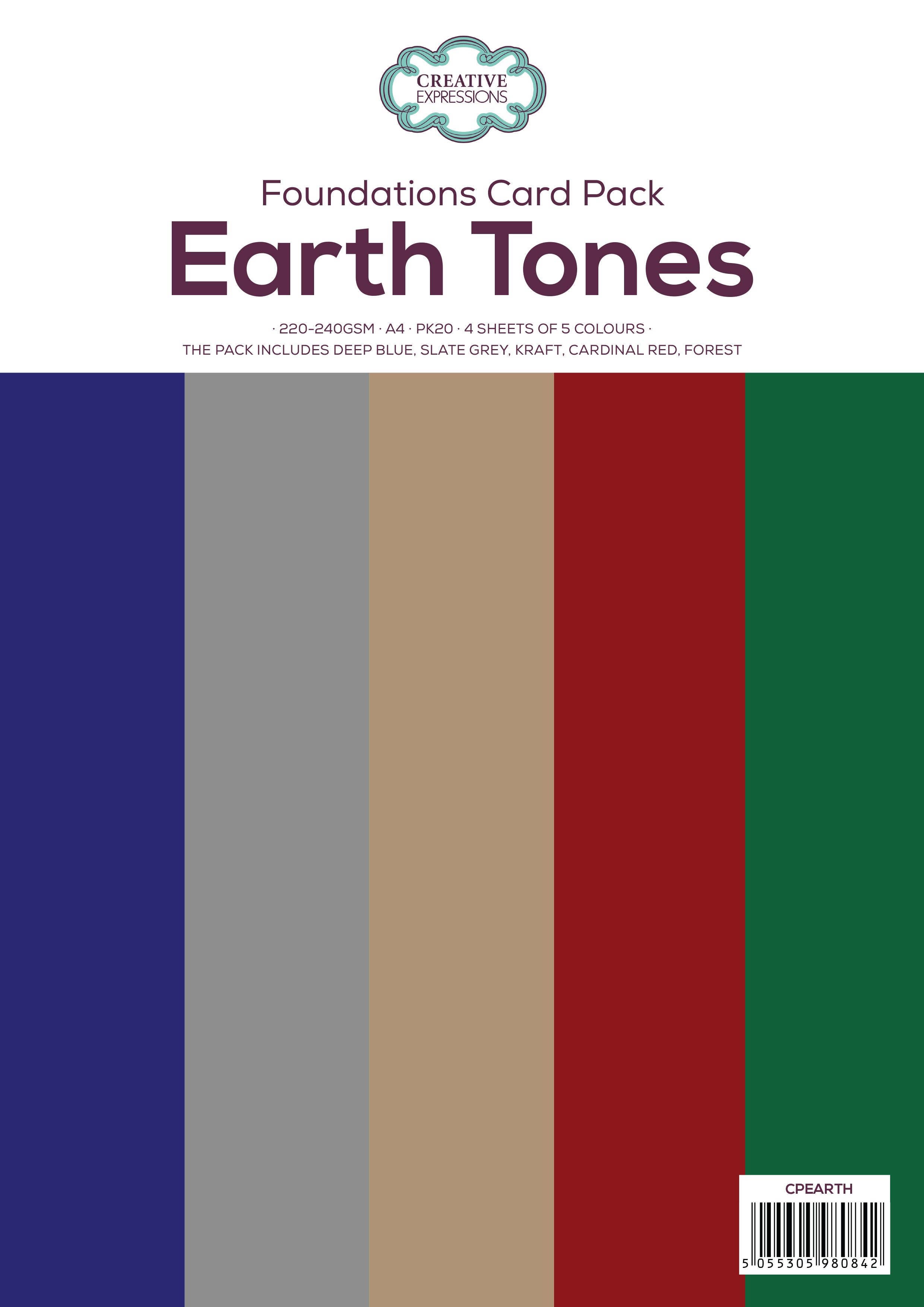 Creative Expressions Earth Tones Paper Pack 220-240gsm A4 Pk20 4 Sheets Of 5 Colours
