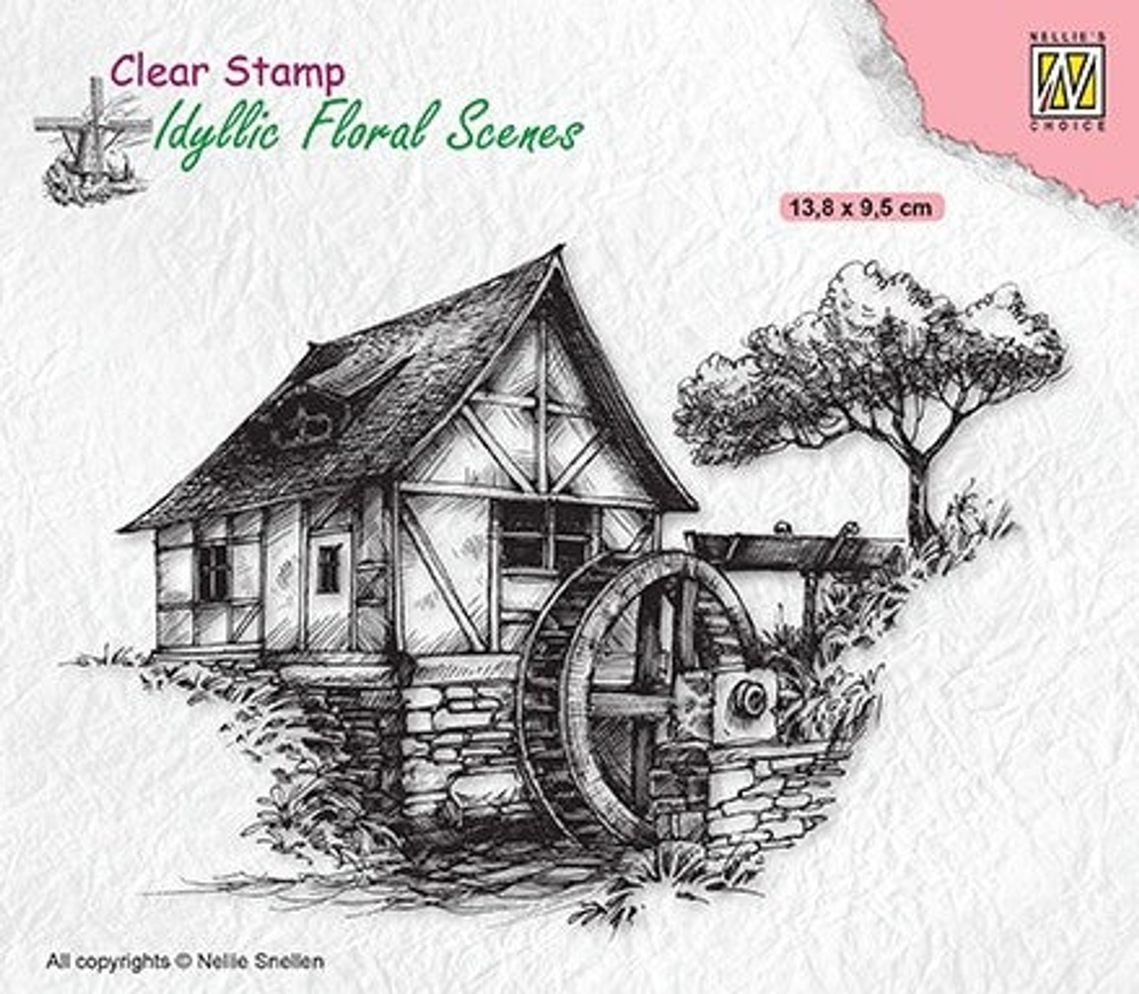 Idyllic Floral Scene Stamp Water-Mill
