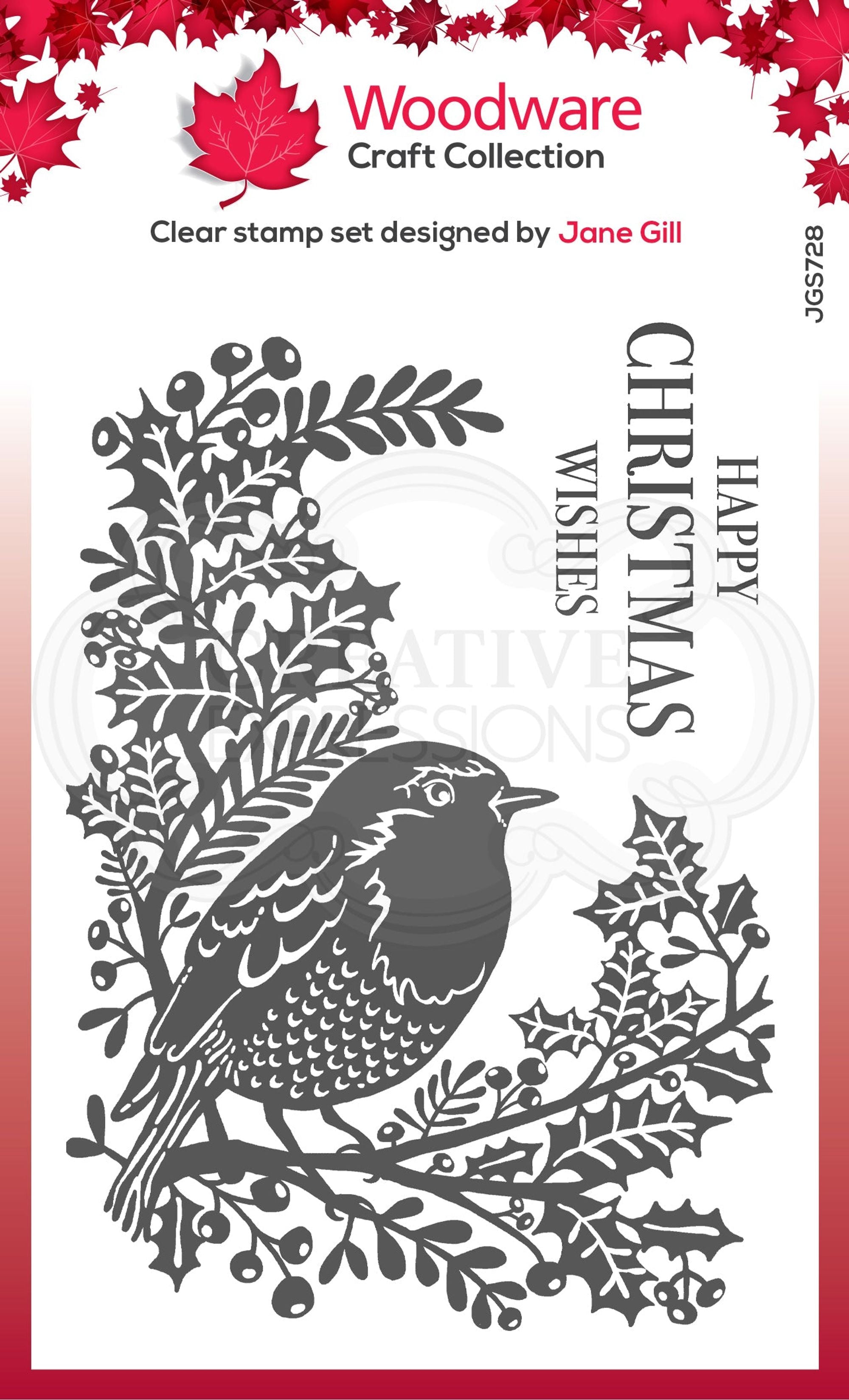 Woodware Clear Singles Lino Cut - Robin and Holly 4 in x 6 in Stamp